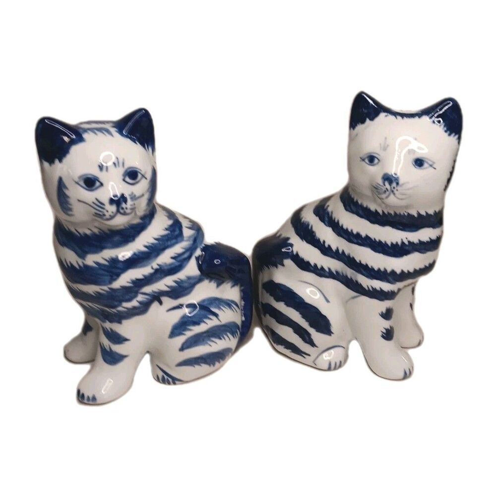 Blue & White Striped Cat Figurines Porcelain Handpainted Set Of Two 4.5" X 3.25"